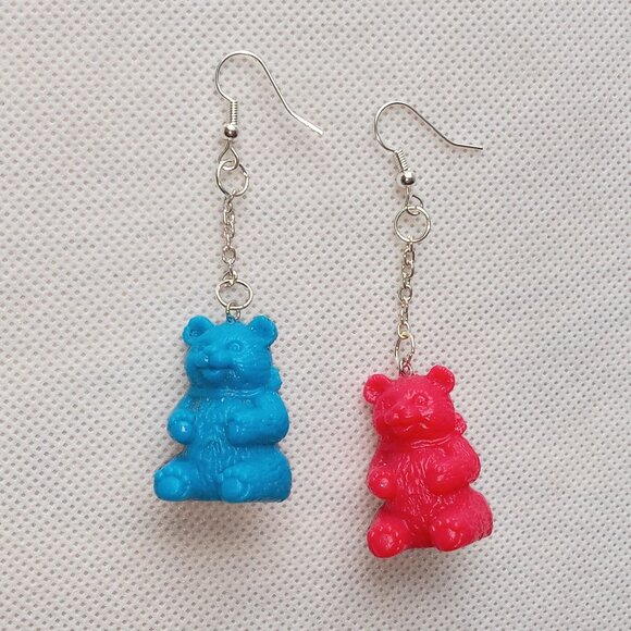 Fun Weird Earrings, Blue & Red Teddy Bear Earrings, Wild, Funky, One of a Kind - Picture 5 of 7